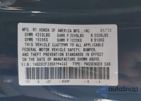 2013 Honda Accord Lx z USA, uszkodzony, nr VIN 1HGCR2F3XDA094048